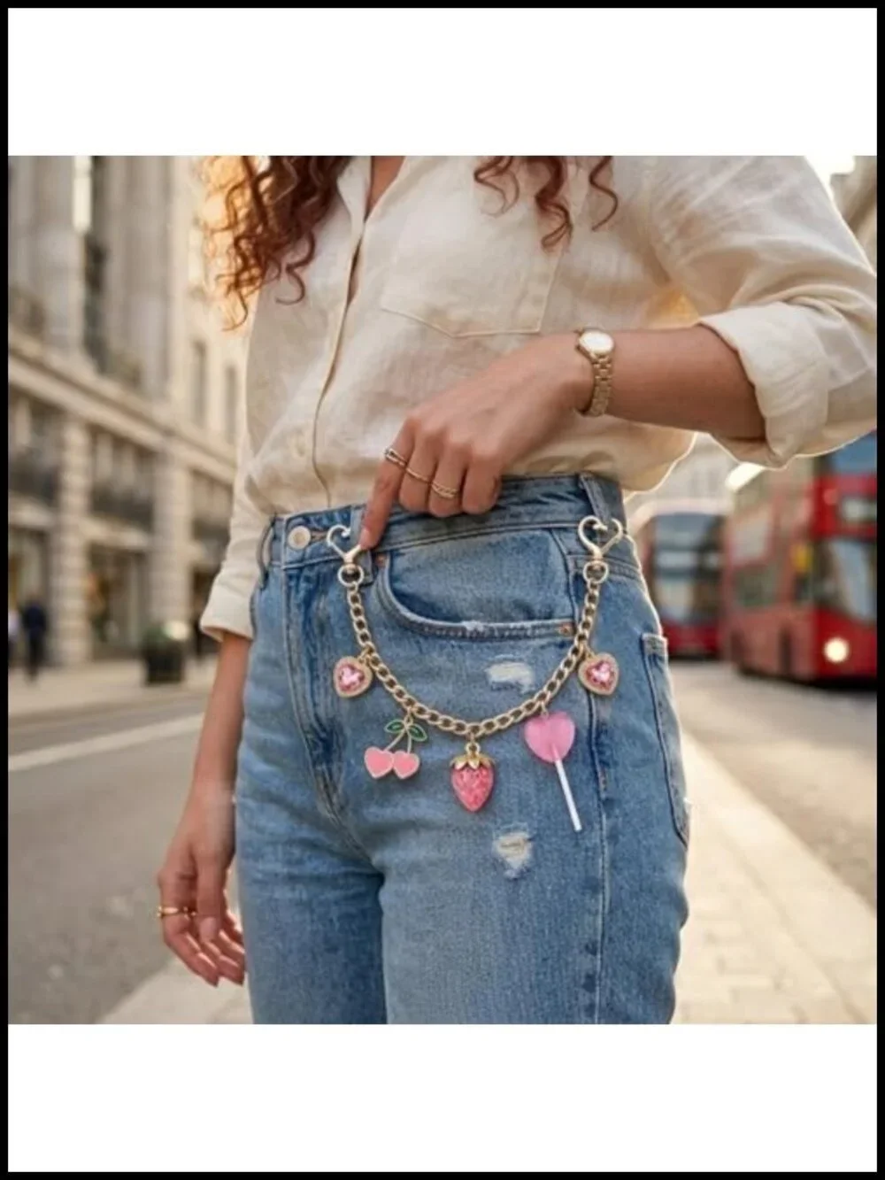 Purse Charm Bag Keychain with Gold Chain, Strawberry Cherry Kawaii Accessory